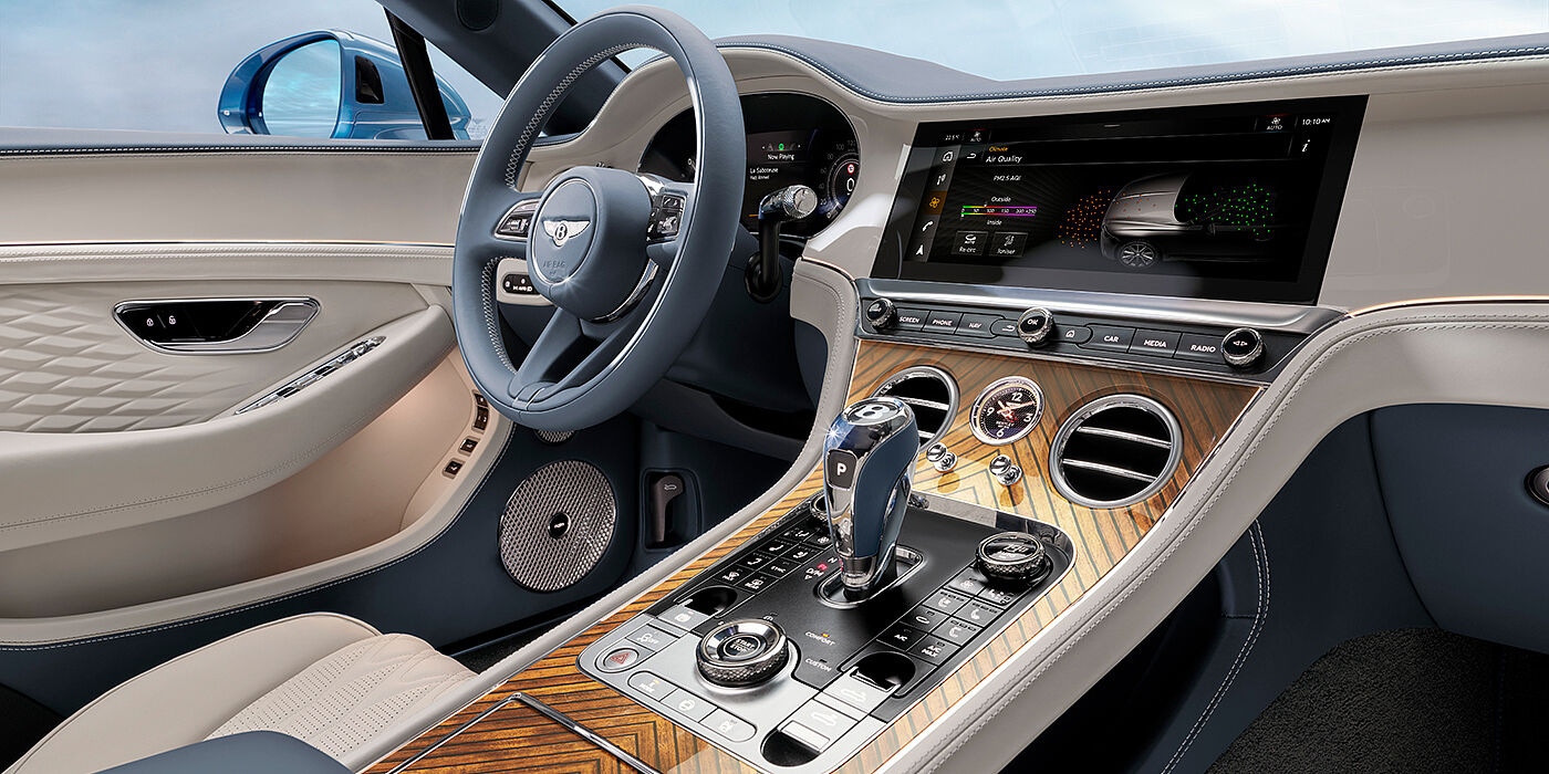 Bentley Tunbridge Wells New Bentley Continental GTC Azure convertible interior front cabin view with Linen and Brunel hides and Piano Linen by Mulliner veneer featuring centre console and centre MMI screen
