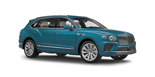 Bentley Tunbridge Wells Bentayga Extended Wheelbase Azure luxury SUV front three quarter in Topaz Blue by Mulliner paint